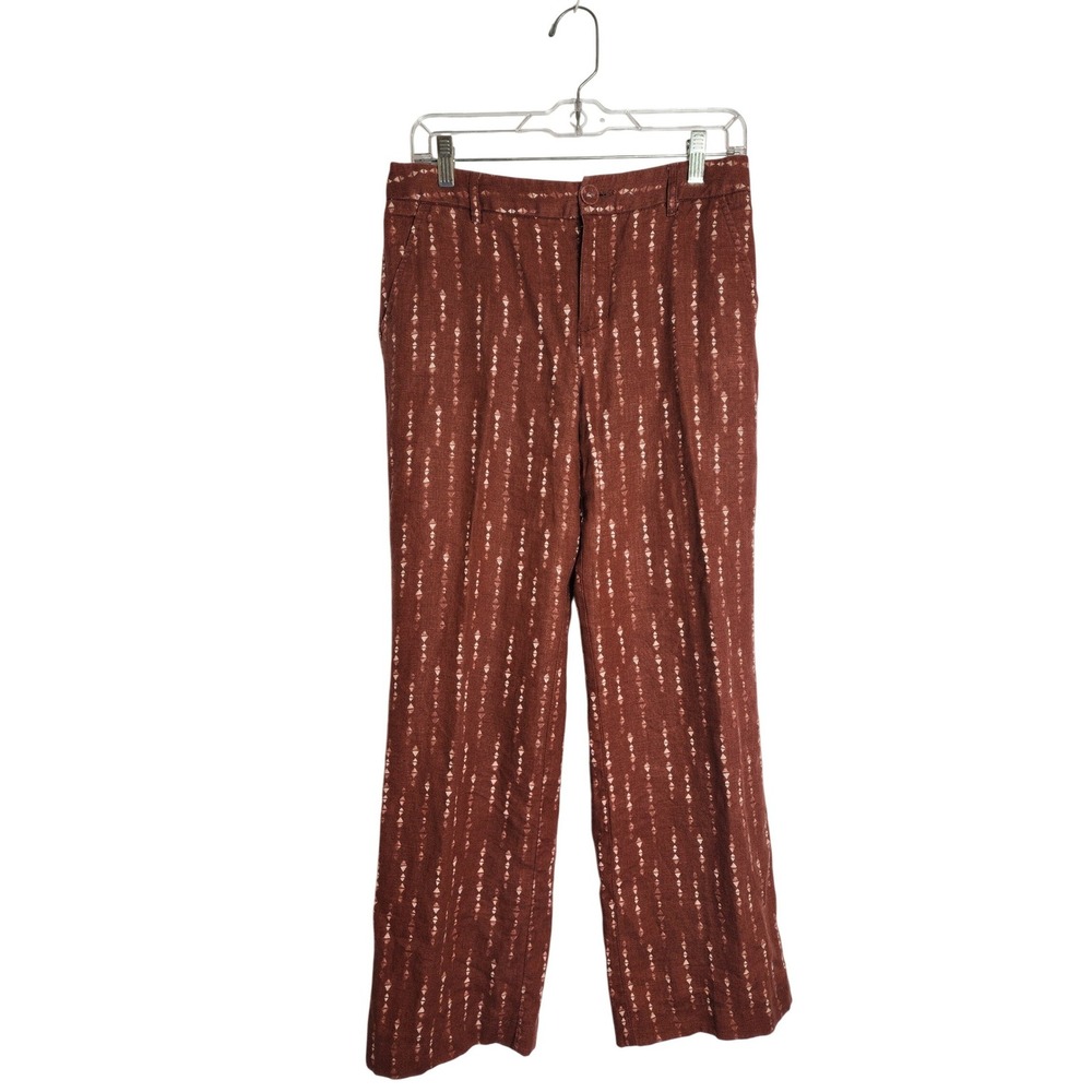 Garnet Hill Womens 4 European Flax Linen Straight Leg Pants Rust Geometric Ikat